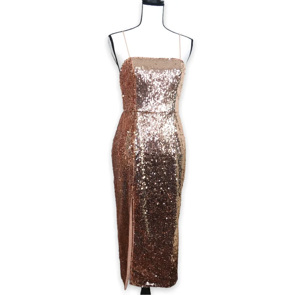 Jay Godfrey Maurice Rose Gold Sequin Dress Size 4 Cocktail Party Midi Slit - Picture 2 of 10